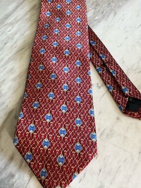 Faberge Red Silk Tie with Blue and Gold Medallions
